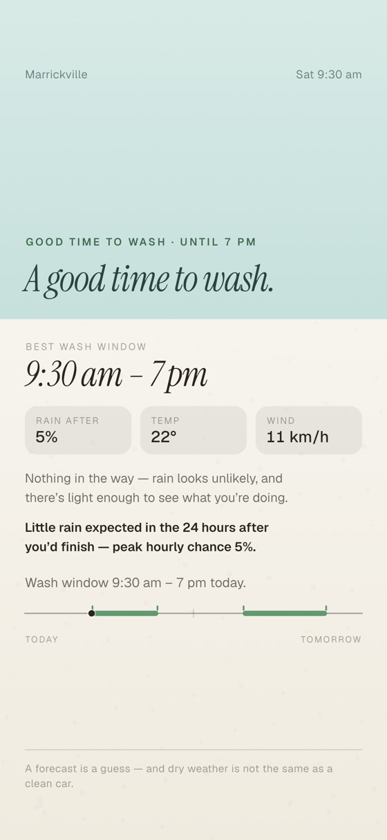 CarWash Day showing a good time to wash, the wash window and a quiet outlook afterwards