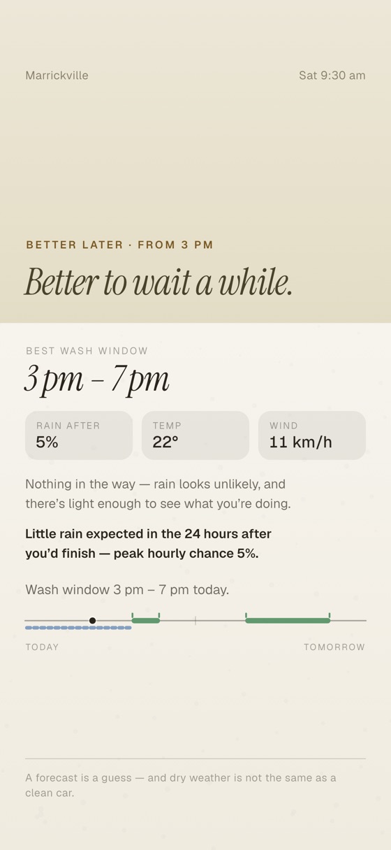 CarWash Day showing showers now and a wash window opening later in the day