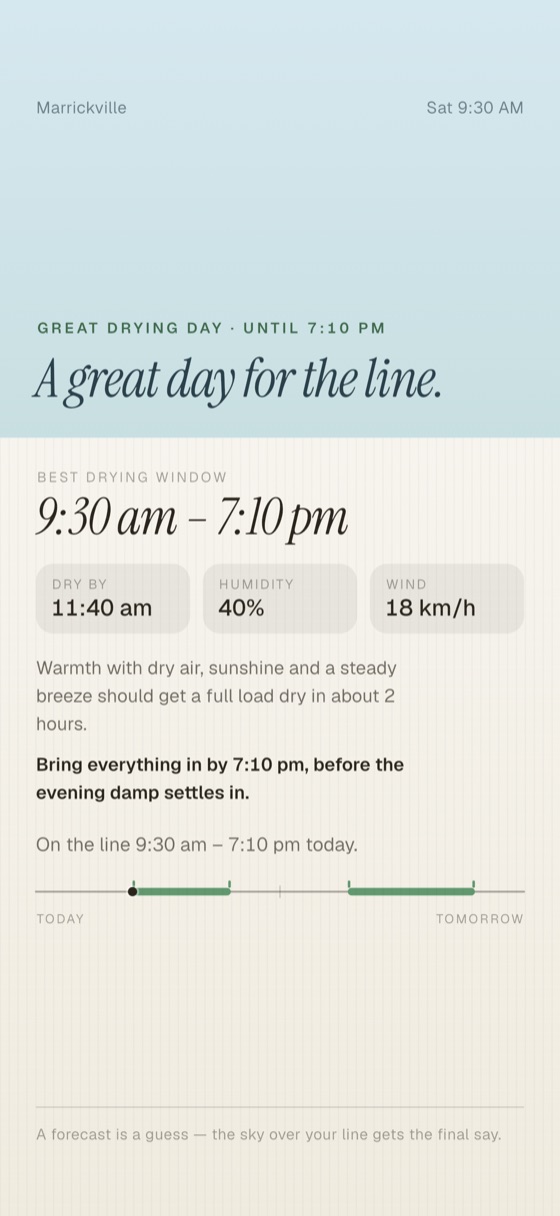 Drying Day showing a great drying day with the best window and dry-by time
