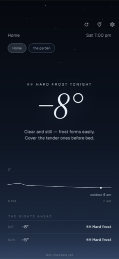 Frost Alert showing a frost warning for tonight with the overnight temperature curve