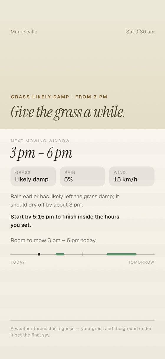 Mow Day showing a morning after rain, with the grass likely damp and the next window named