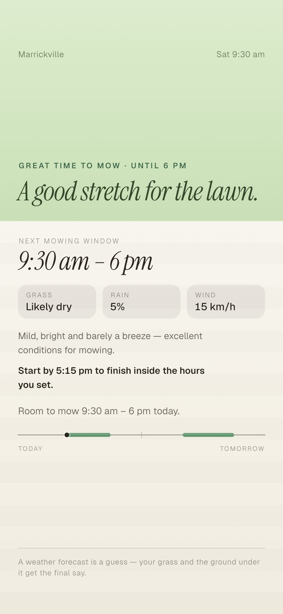 Mow Day showing a clear day with the mowing window and the start-by time
