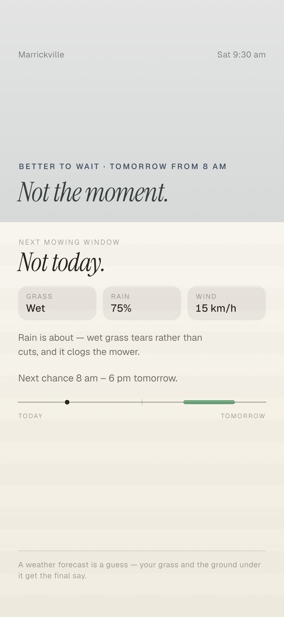 Mow Day showing a day of showers with no mowing window and the reason