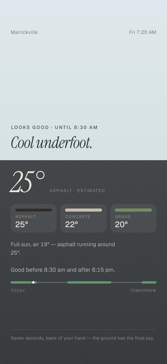 PawWalk showing a cool morning verdict — good to walk