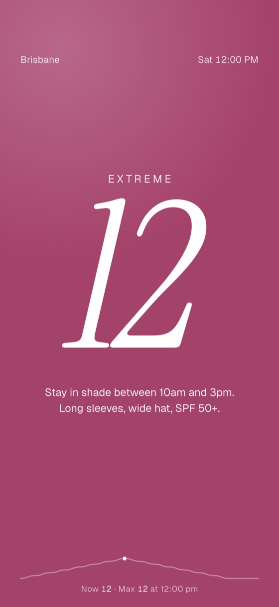 UV Index showing an extreme reading of 12 on a deep purple background