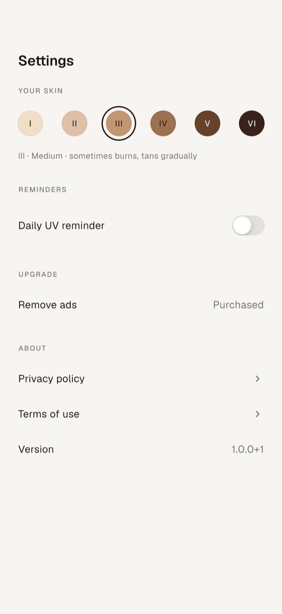 Settings screen showing skin type and reminder options